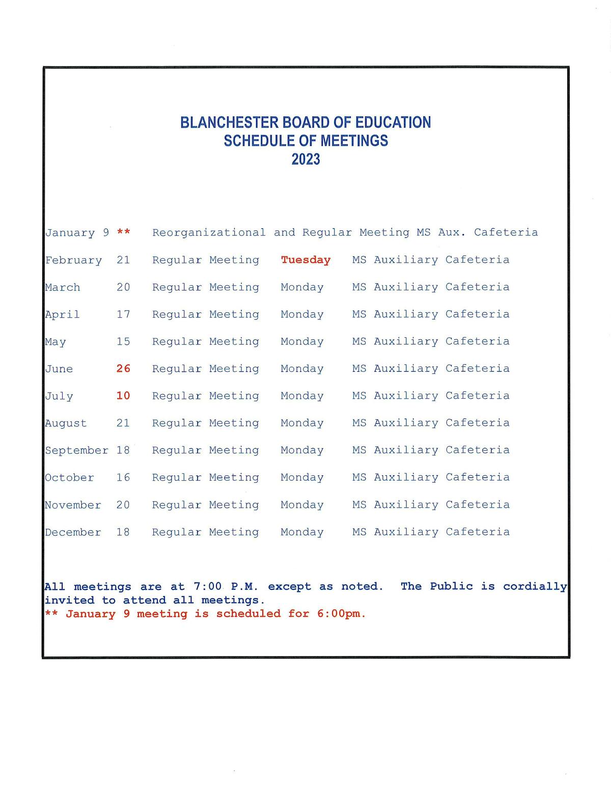 Blanchester board meetings schedule