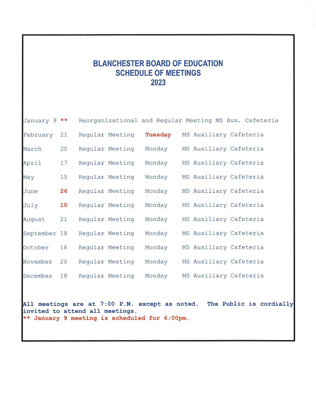 Blanchester Board meeting schedule